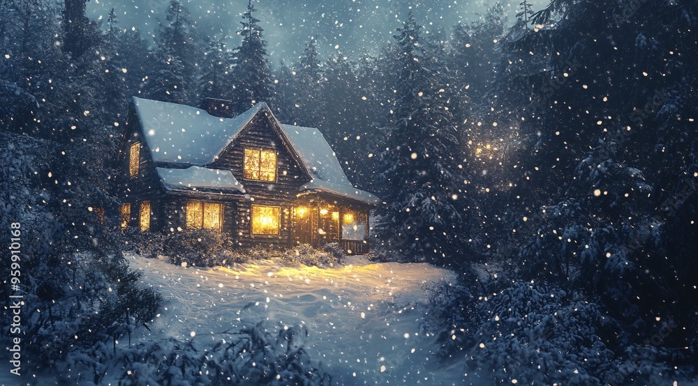 Enchanted Winter Evening at a Cozy Snow-Covered Cabin Enchanted Winter Evening at a Cozy Snow-Covered Cabin