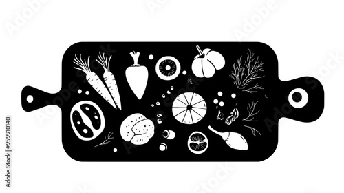 Fresh, uncooked vegetables and fruits on cutting board for raw food preparation