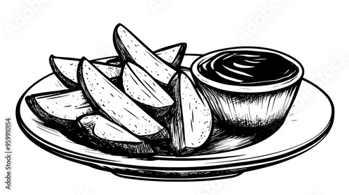 Fried potato wedges on a plate with ketchup