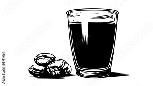 Glass of black coffee beside a small serving of nuts