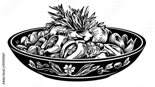 Gourmet pasta dish with finely detailed ingredients presented on an elegant, shallow bowl