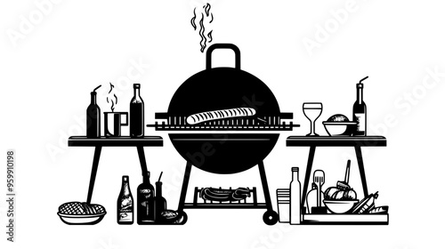 Grill with sausages cooking, nearby table filled with BBQ side dishes and drinks