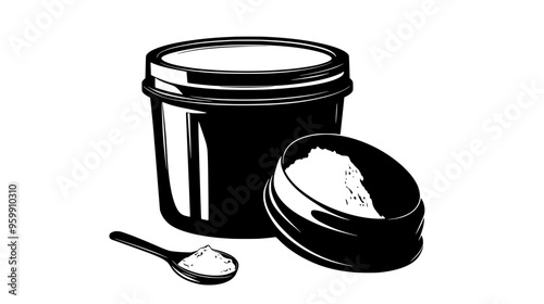 Powder scoop in an open meal replacement container, lid set aside