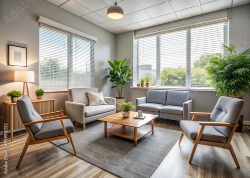 The modern therapy office boasts plush seating, soothing natural light, and calming color schemes, creating a peaceful