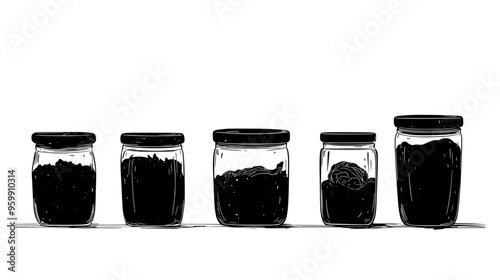 Row of sauerkraut jars in varying sizes on a plain kitchen counter
