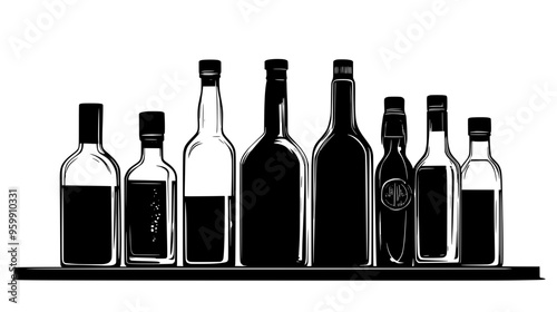 Row of glass bottles filled with various liquids arranged on a flat surface