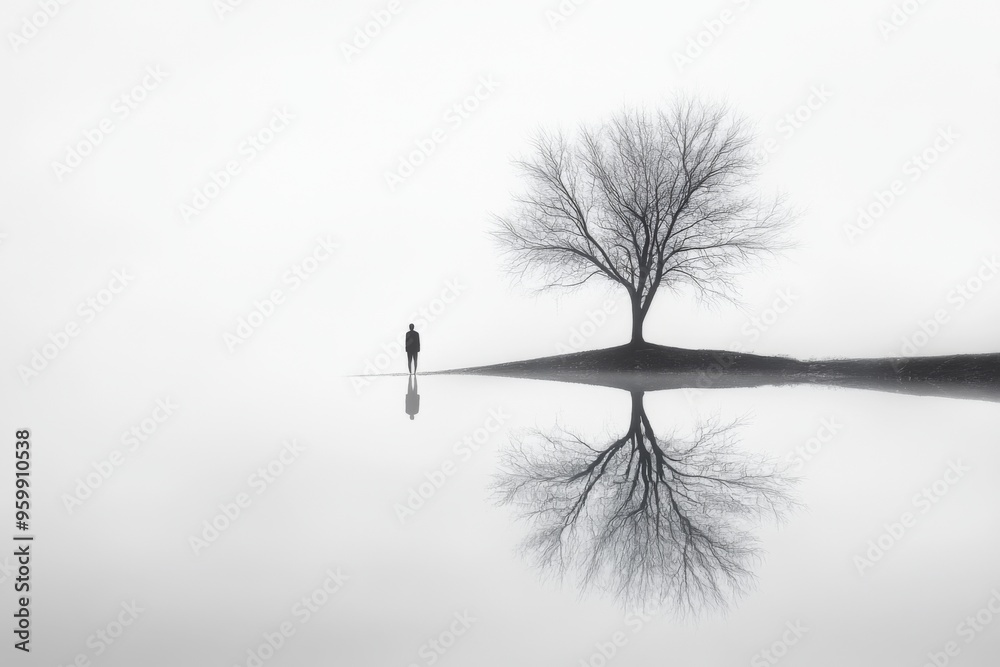 Obraz premium Thoughtful human Embodying Self-Reflection and Self-Awakening, Centered on a Minimalist environment Background, the concept of soul healing, Graphic Resources, Wallpapers, illustration, 