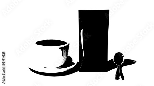 Sealed hot chocolate packet next to a cup and small spoon