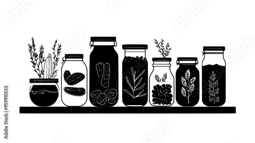 Shelf with jars of preserved foods indicating farm sources