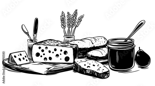 Table set with a baguette, assorted cheeses, and a jar of fruit preserves