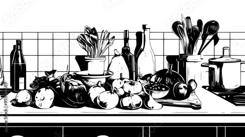 Uncooked vegetables, fruits, and nuts on kitchen countertop, prepared for raw food dish
