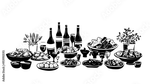 Spread of wedding catering dishes on a table, including a carving station, salads, and side dishes