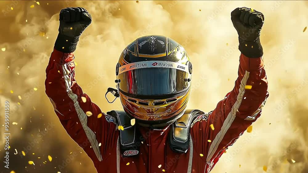 Race car driver celebrating his win of racing tournament
