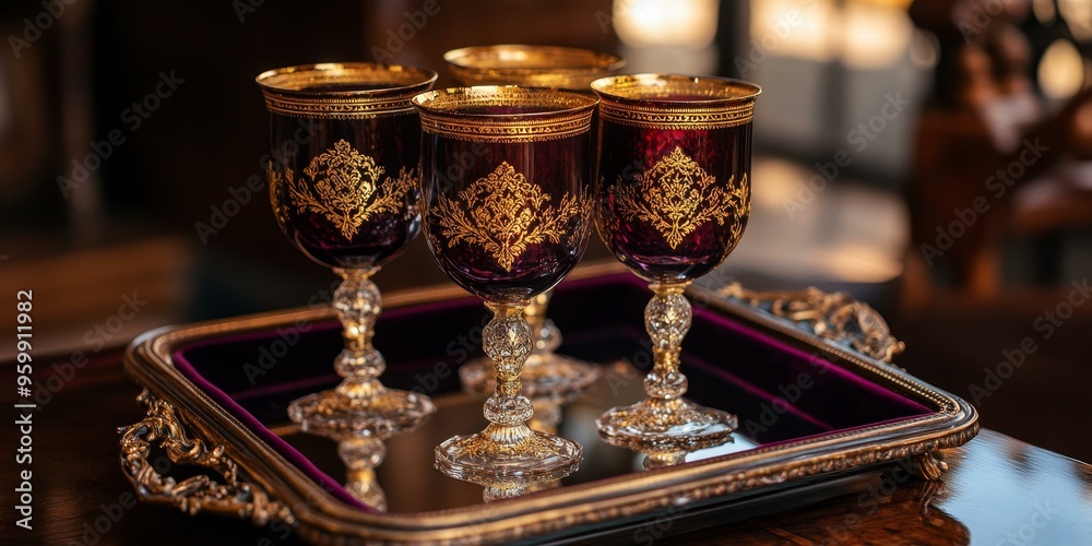 Three ornate glasses on a gold tray. Three ornate glasses on a gold tray.