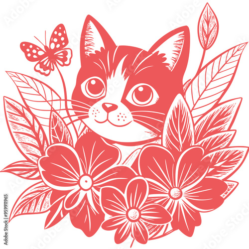 A curious cat with large eyes playfully surveys its surroundings, surrounded by colorful flowers and green foliage, creating a lively atmosphere