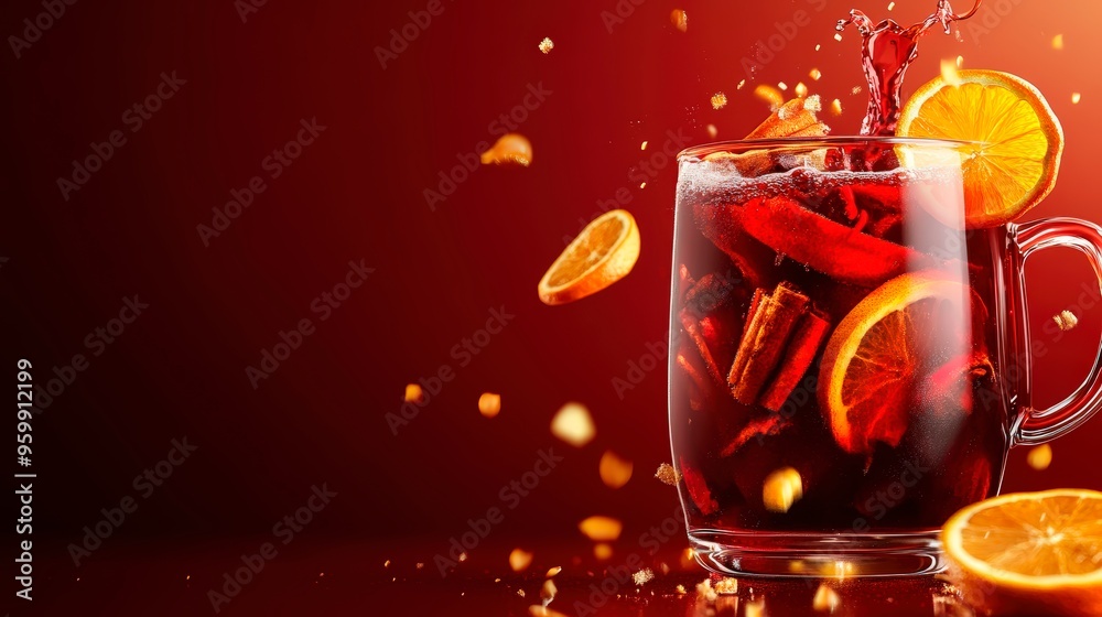 Fototapeta premium Deep Maroon Background With Mulled Wine And Orange Slices For Autumn-Themed Product Displays . Generative ai