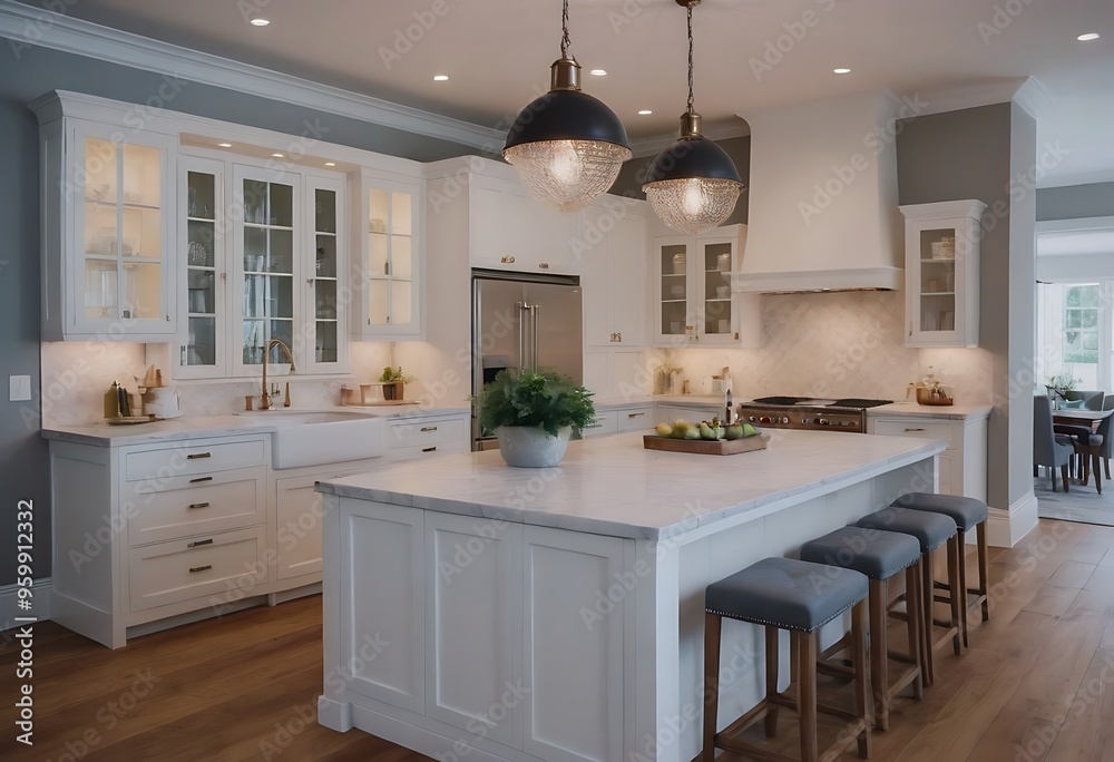 Fototapeta premium Kitchen with white cabinetry. Kitchen in luxury home with white cabinetry
