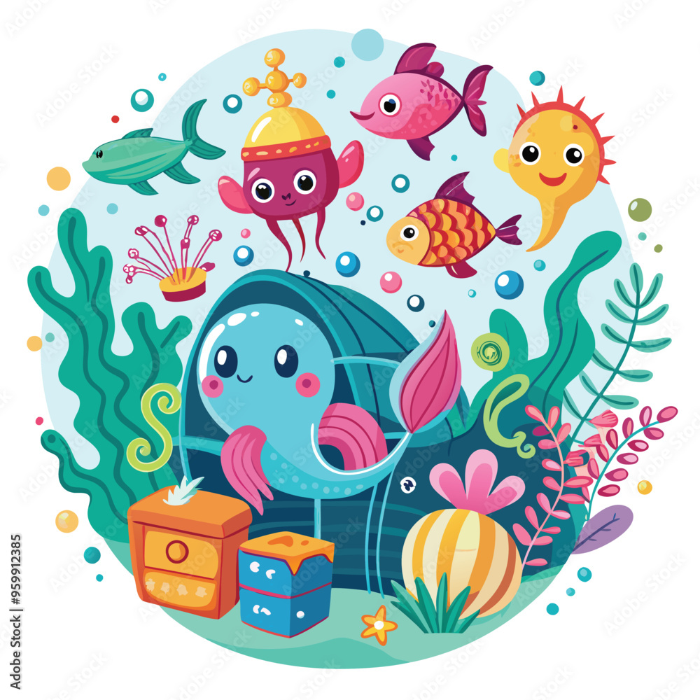 Obraz premium A whimsical underwater scene showcases colorful fish, a cheerful octopus, and a playful whale discovering treasures among lush coral and sea plants