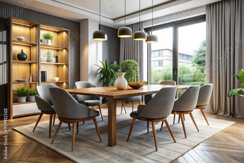 This chic dining room boasts a cutting-edge table and chairs, complemented by a subtle color palette and understated