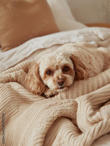 A cute, fluffy dog sits com...