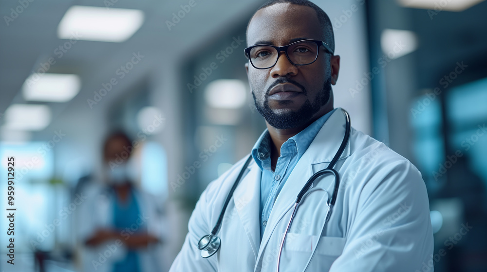 Portrait of a black physician wearing a white coat and stethoscope in a clinic setting Portrait of a black physician wearing a white coat and stethoscope in a clinic setting