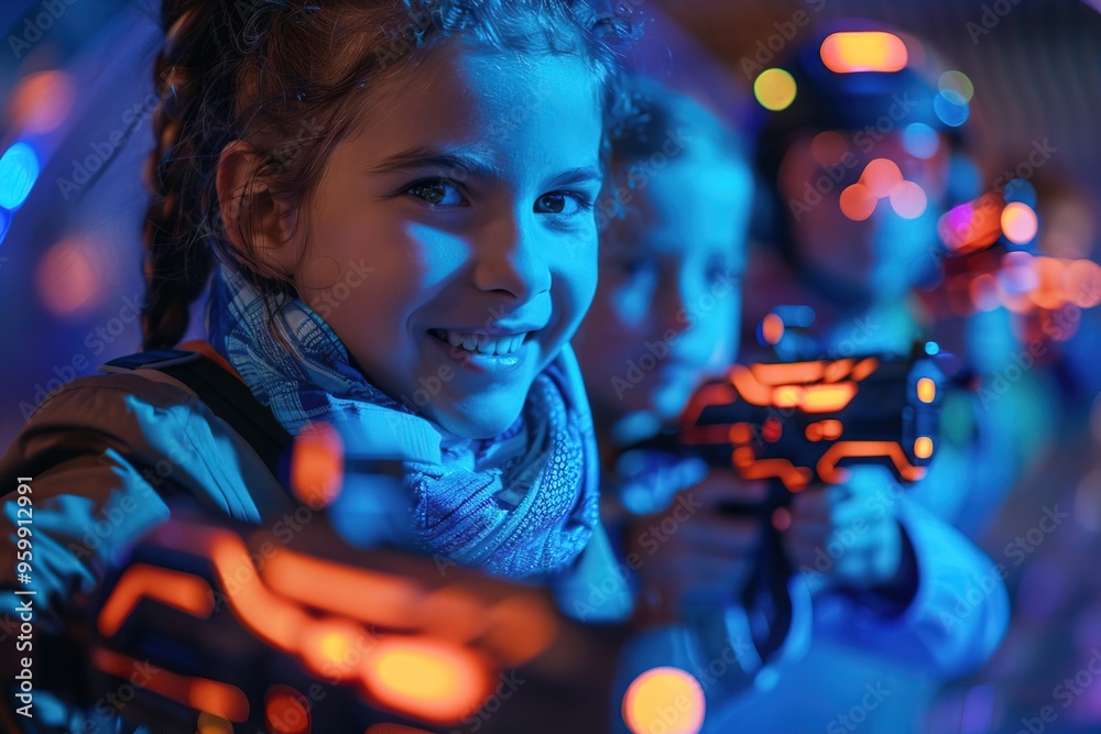 portrait of a little happy girl with toy gun playing in laser tag portrait of a little happy girl with toy gun playing in laser tag