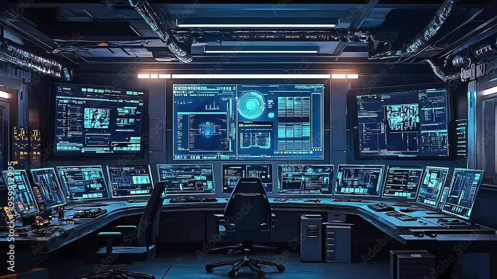 Main command center with monitoring system and empty chair