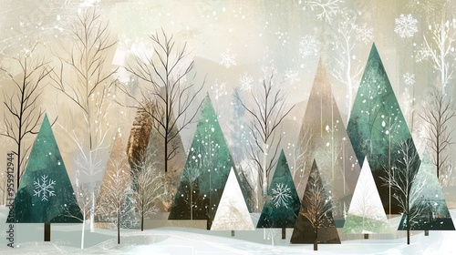 Abstract geometric shapes represent Christmas trees in a snowy winter forest, creating a serene and festive atmosphere. Generative AI