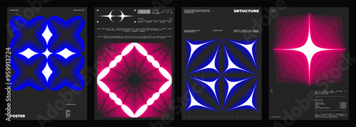 Abstract poster design. Vertical format wall art, interior mockup.  Magenta, blue composition. Geometric neon illustration with sci fi space and y2k style elements.