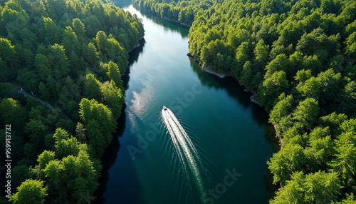 Aerial view of a boat navigating a winding river through lush green forest, with sunlight filtering through the canopy and dappled light on the water.







 photo