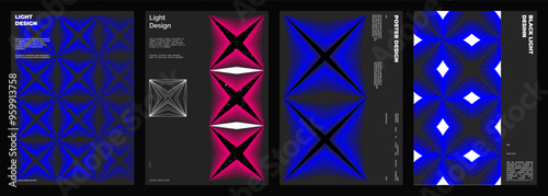 Abstract poster design. Vertical format wall art, interior mockup.  Magenta, blue composition. Geometric neon illustration with sci fi space and y2k style elements.