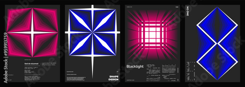 Abstract poster design. Vertical format wall art, interior mockup.  Magenta, blue composition. Geometric neon illustration with sci fi space and y2k style elements.