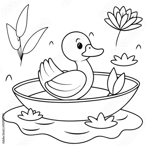 A cheerful duck floats peacefully on a calm pond, surrounded by water lilies and reeds, creating a serene outdoor atmosphere