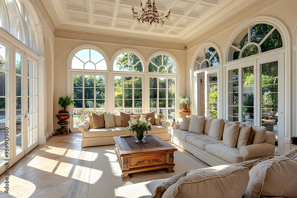 Luxurious French-inspired living room with elegant furnishings and natural light Luxurious French-inspired living room with elegant furnishings and natural light