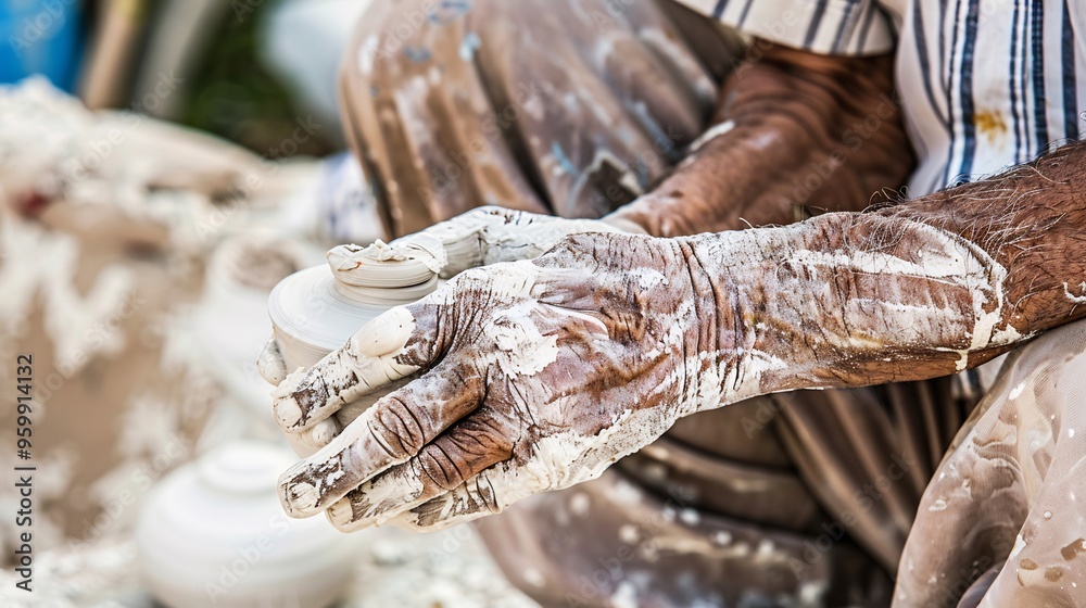 Modern ceramist using a combination of handbuilding and sculpting tools to create a unique and artistic clay piece Modern ceramist using a combination of handbuilding and sculpting tools to create a unique and artistic clay piece