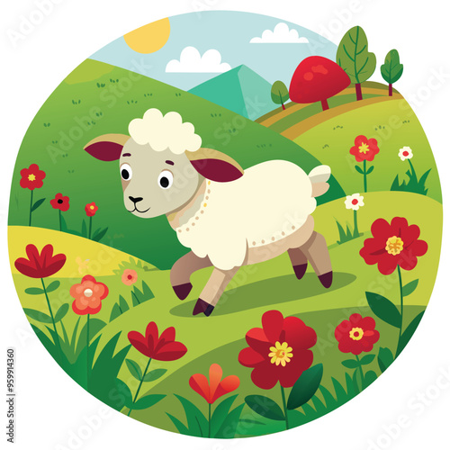 A playful lamb runs happily across a green meadow, surrounded by colorful flowers and rolling hills under a bright sun