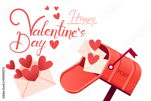 Horizontal banner with Happy Valentine's Day lettering. Postal envelope with a heart, red hearts fly around. Greetings card design with red classic mailbox. Vector illustration isolated on white