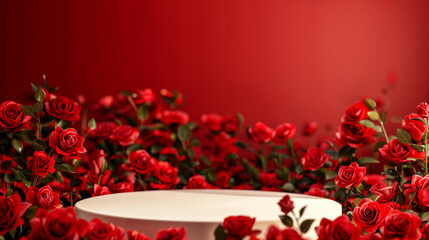 Empty podium with rose flowers decoration on red background with empty space for beauty cosmetic and romantic valentines or mother, birthday gift, product present scene stand, display.