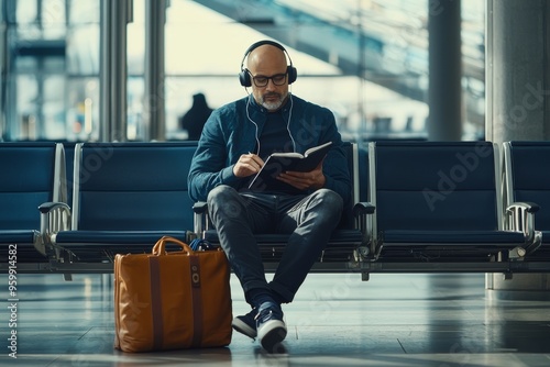 The bearded leader using headphones at the airport terminal with a tablet