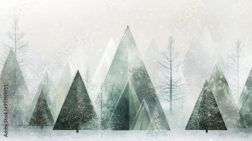 Colorful abstract Christmas trees made of geometric shapes populate a serene winter forest, creating a whimsical holiday atmosphere. Generative AI