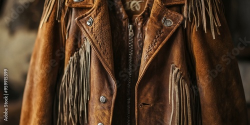 Brown leather jacket with fringe detail. photo