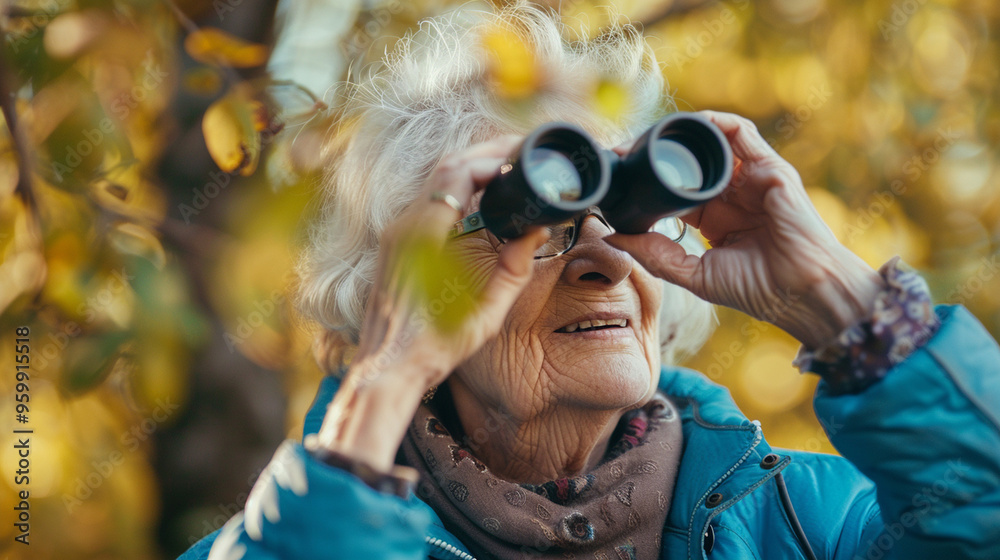 Medium close-up of an elderly woman birdwatching, holding binoculars and smiling as she spots something in the trees. Medium close-up of an elderly woman birdwatching, holding binoculars and smiling as she spots something in the trees.