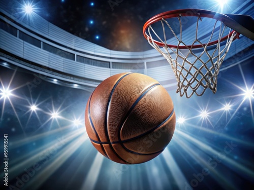 A sharp, high-definition image of a basketball in mid-air, spinning towards the hoop, set against a dark background with vibrant arena lights and shadows. photo