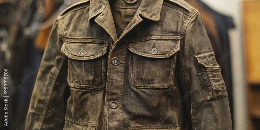 A brown jacket with buttons and pockets.