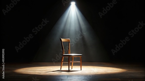 A single, empty, spotlight-lit chair sits center stage, surrounded by darkness, conveying a sense of intense pressure and scrutiny in a high-stakes environment. photo