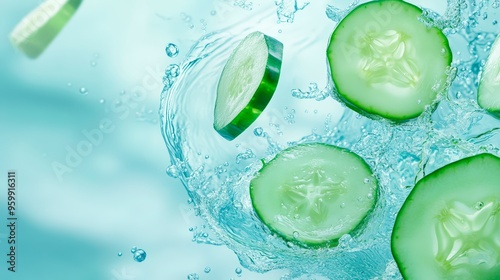 Bright Cyan Background With Swirling Cucumber Water And Cucumber Slices For Hydrating-Themed Product Displays . Generative ai