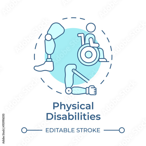 Physical disabilities soft blue concept icon. Amputee rehabilitation, impairment. Round shape line illustration. Abstract idea. Graphic design. Easy to use in infographic, presentation