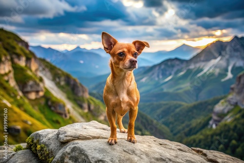 A Small Dog With Short Brown Fur And Alert Eyes Stands On A Rocky Mountaintop, Surrounded By Nature And Fresh Air. photo