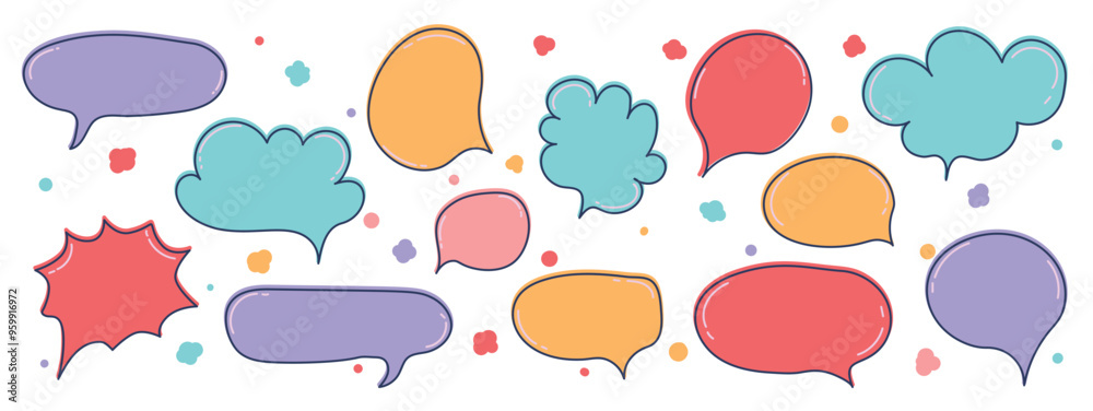 Set of doodle and speech bubble vector. Collection of contemporary figure, speech bubble in funky groovy style. Chat design element perfect for banner, print, sticker, cartoon. Set of doodle and speech bubble vector. Collection of contemporary figure, speech bubble in funky groovy style. Chat design element perfect for banner, print, sticker, cartoon.