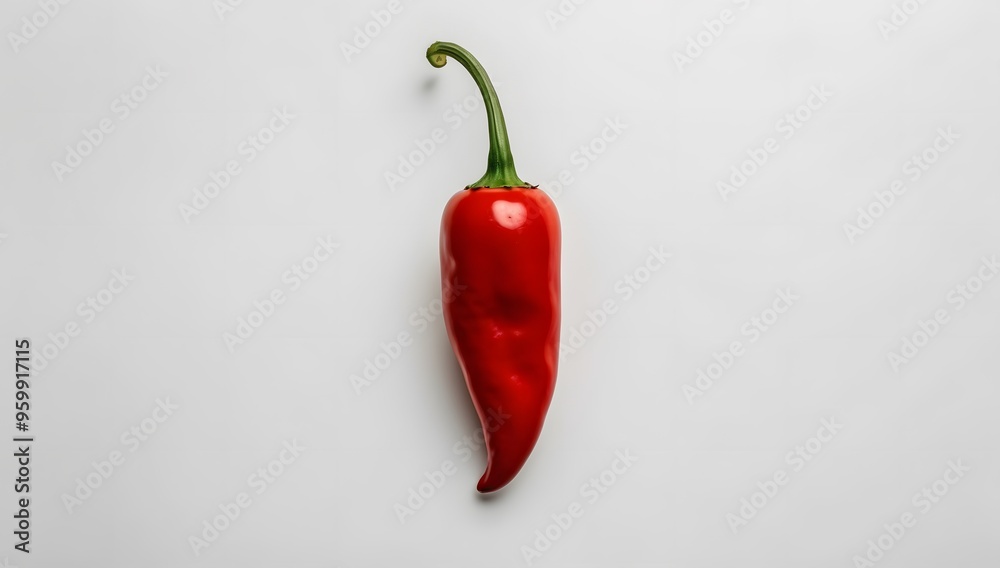 Close up image of one red chili, hot chili, fresh red chili, red chili on white background